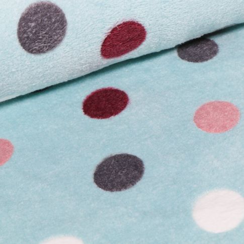 Tissu Doudou Ronds blancs, gris et roses sur fond Bleu ciel