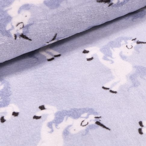 Tissu Doudou Licornes et cœurs sur fond Bleu ciel