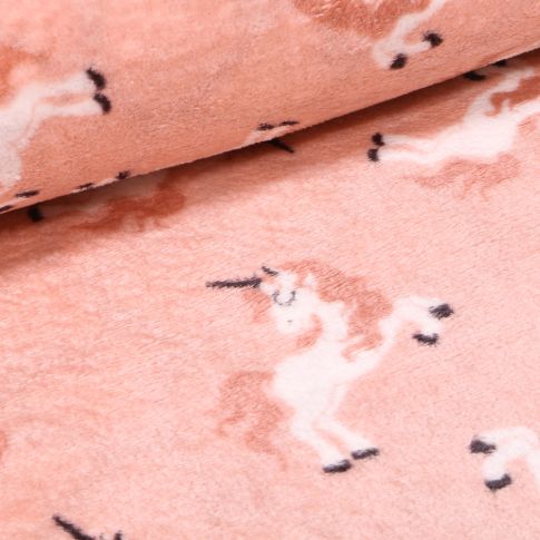Tissu Doudou Licornes et cœurs sur fond Rose saumon
