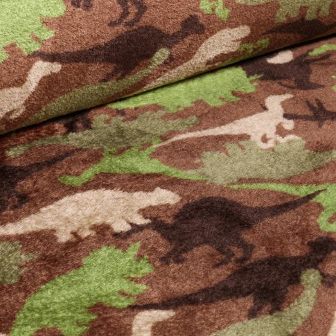 Tissu Doudou Dinosaures camouflage sur fond Marron