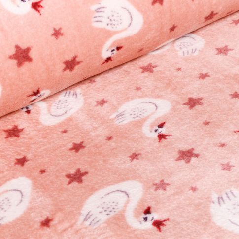 Tissu Doudou Cygnes et étoiles sur fond Rose nude