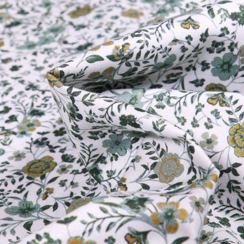 Tissu Popeline de coton Sweet Flower Faustine vert sur fond Blanc