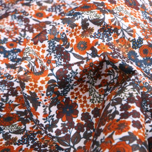 Tissu Popeline de coton Sweet Flower Agathe orange sur fond Blanc