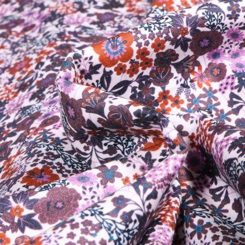 Tissu Popeline de coton Sweet Flower Agathe violet sur fond Blanc