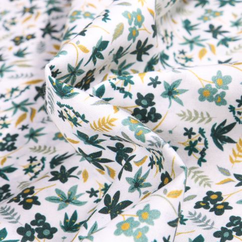 Tissu Popeline de coton Sweet Flower Roseline vert sur fond Blanc