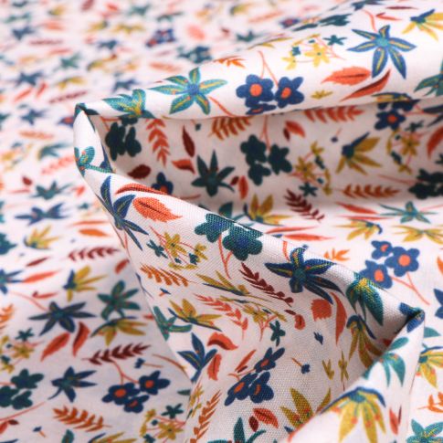 Tissu Popeline de coton Sweet Flower Roseline orange sur fond Blanc