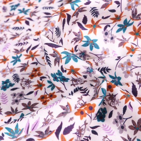 Tissu Popeline de coton Sweet Flower Roseline violet sur fond Blanc