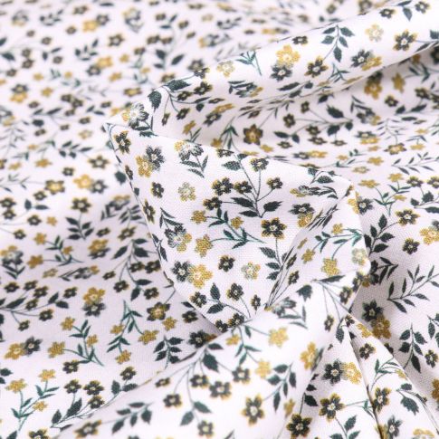 Tissu Popeline de coton Sweet Flower Constance jaune sur fond Blanc