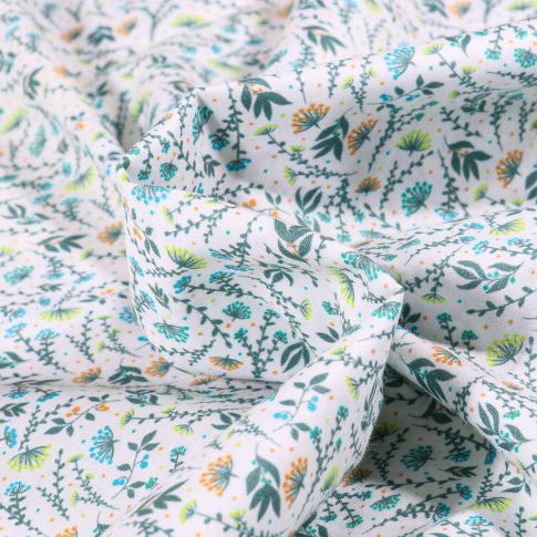 Tissu Popeline de coton  Sweet Flower Flora vert sur fond Blanc