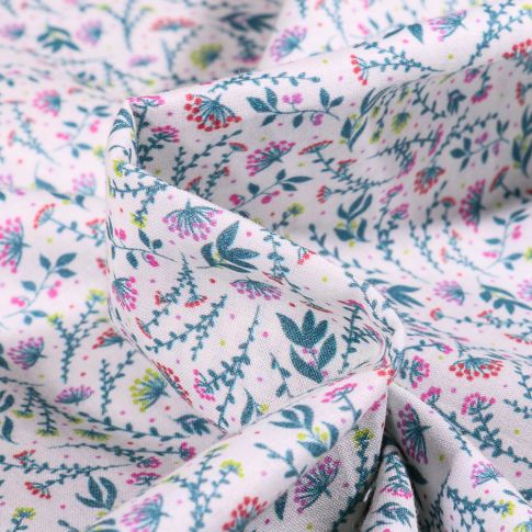 Tissu Popeline de coton  Sweet Flower Flora rose sur fond Blanc