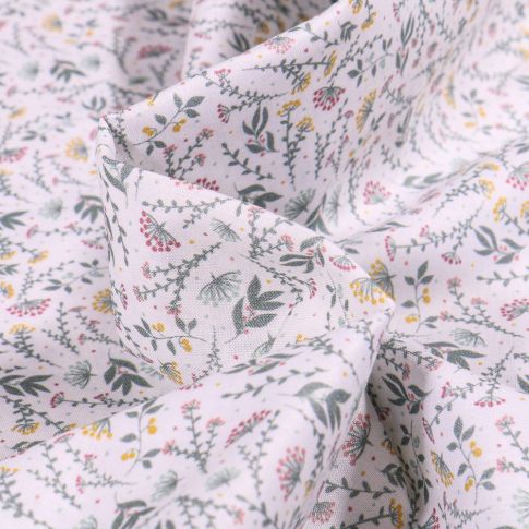 Tissu Popeline de coton  Sweet Flower Flora vert d'eau sur fond Blanc