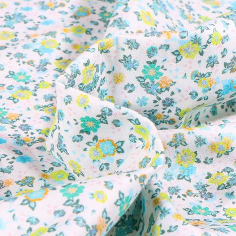 Tissu Popeline de coton Sweet Flower Louise vert sur fond Blanc
