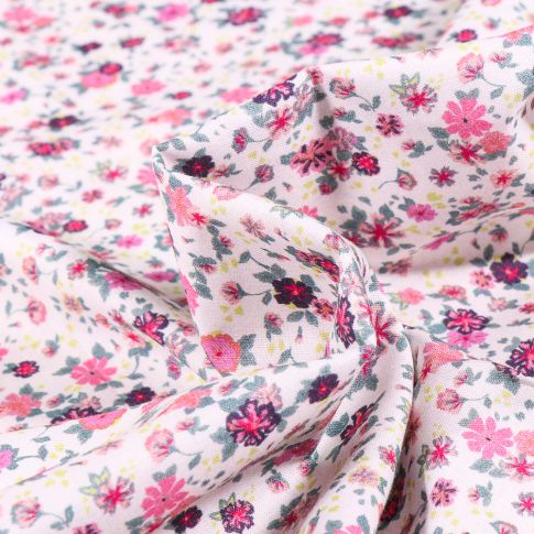 Tissu Popeline de coton Sweet Flower Louise rose sur fond Blanc