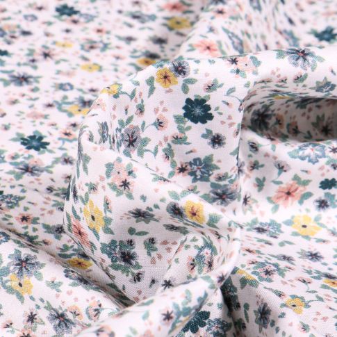Tissu Popeline de coton Sweet Flower Louise vert d'eau sur fond Blanc