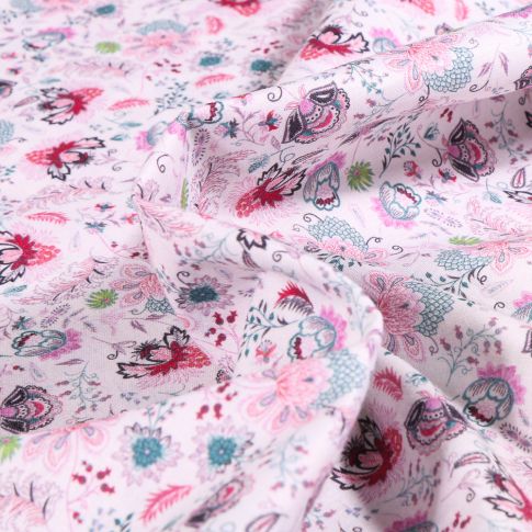 Tissu Popeline de coton  Sweet Flower Camille rose sur fond Blanc