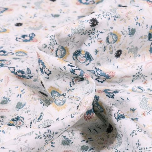 Tissu Popeline de coton  Sweet Flower Camille vert d'eau sur fond Blanc
