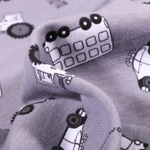 Tissu Jersey Coton Magique Véhicules sur fond Gris clair