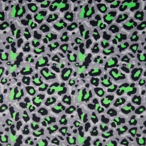 Coupon Tissu Jersey Velours Tâches de léopards Verts fluo sur fond Gris pierre - Coupon de 20 cm