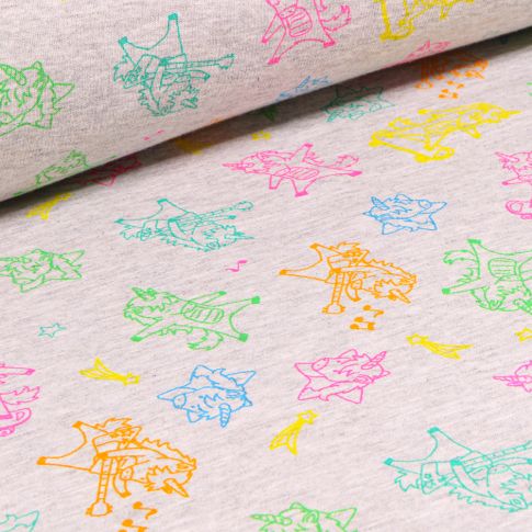 Tissu Sweat envers minky Licorne Rock'n roll sur fond Gris chiné