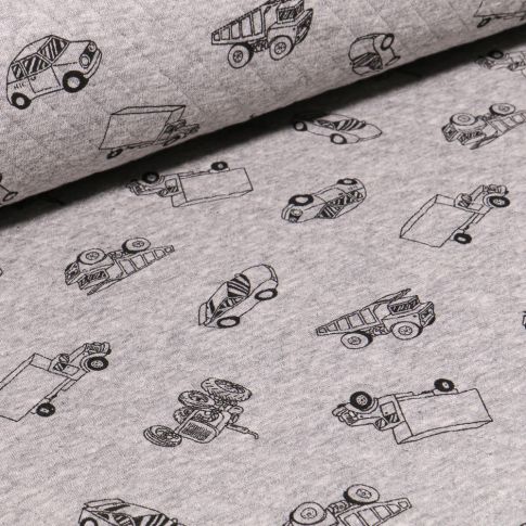 Tissu Sweat matelassé Transports sur fond Gris chiné