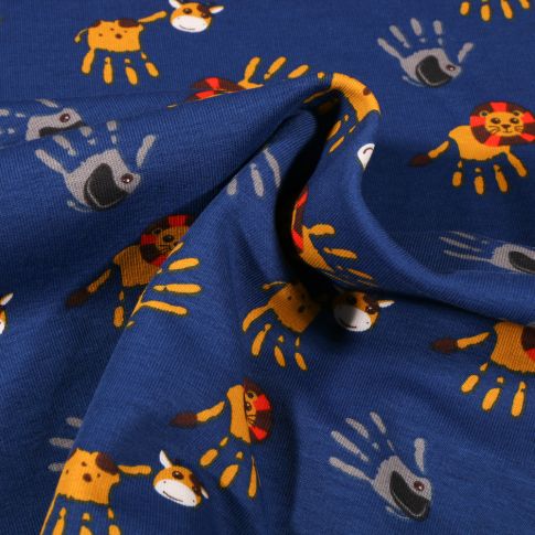 Tissu Jersey Coton Animaux de la savane mains peinture sur fond Bleu roi
