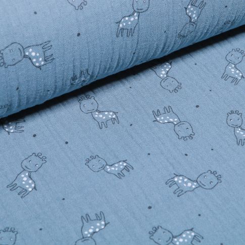 Tissu Triple gaze Girafe sur fond Bleu