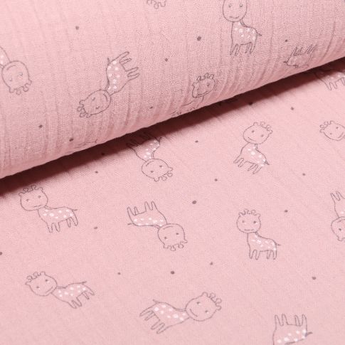 Tissu Triple gaze Girafe sur fond Rose
