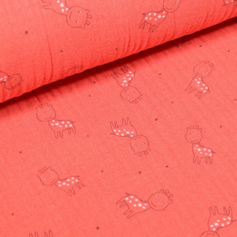 Tissu Triple gaze Girafe sur fond Corail