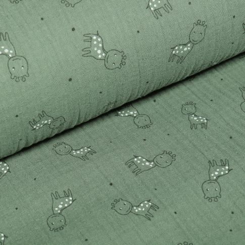 Tissu Triple gaze Girafe sur fond Vert amande