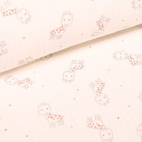 Tissu Triple gaze Girafe sur fond Ecru