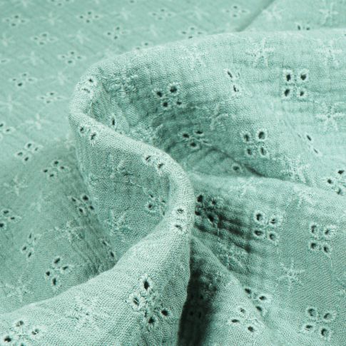 Tissu Double gaze ajouré brodé Fleurs sur fond Vert menthe