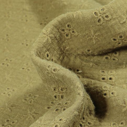 Tissu Double gaze ajouré brodé Fleurs sur fond Vert kaki