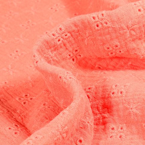 Tissu Double gaze ajouré brodé Fleurs sur fond Corail