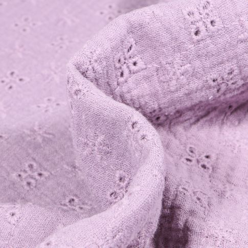 Tissu Double gaze ajouré brodé Fleurs sur fond Lilas