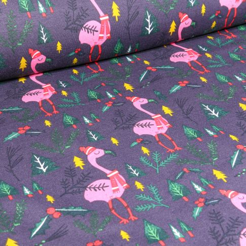 Tissu Sweat léger envers gratté Flamant rose frileux sur fond Bleu chiné