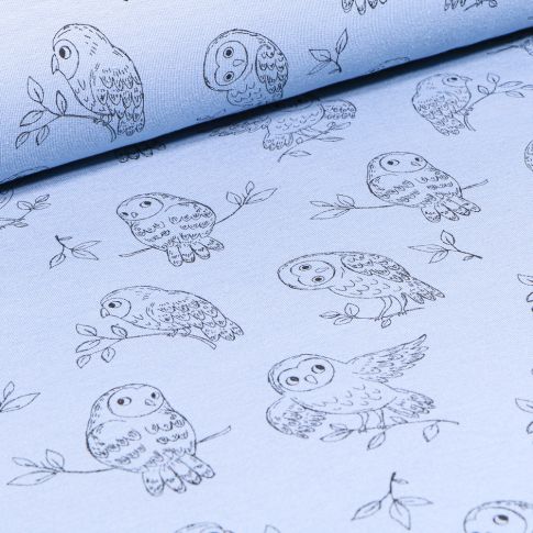 Tissu Sweat léger envers gratté Chouettes dessinées sur fond Bleu ciel