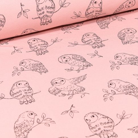 Tissu Sweat léger envers gratté Chouettes dessinées sur fond Rose