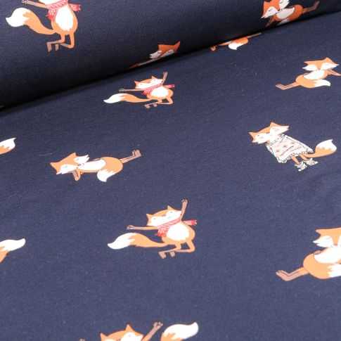 Tissu Sweat léger envers gratté Happy renard sur fond Bleu marine