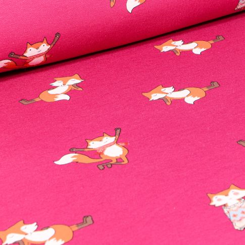 Tissu Sweat léger envers gratté Happy renard sur fond Rose fuchsia