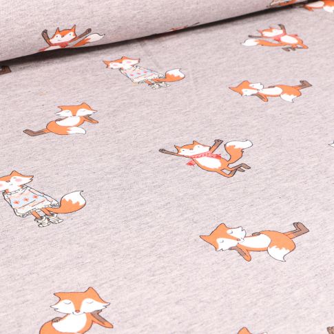 Tissu Sweat léger envers gratté Happy renard sur fond Gris clair chiné
