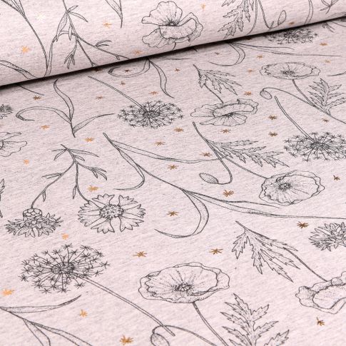 Tissu Sweat léger Coquelicots dessiné sur fond Beige chiné