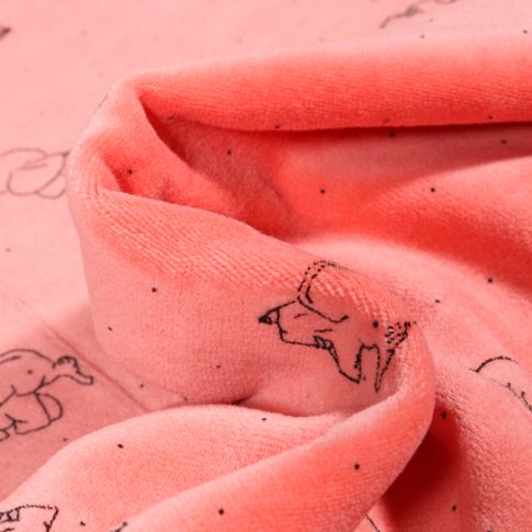 Tissu Jersey Velours tout doux Eléphanteau sur fond Corail