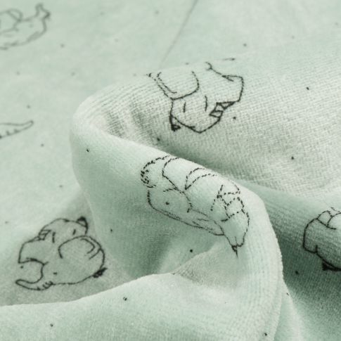Tissu Jersey Velours tout doux Eléphanteau sur fond Vert menthe clair