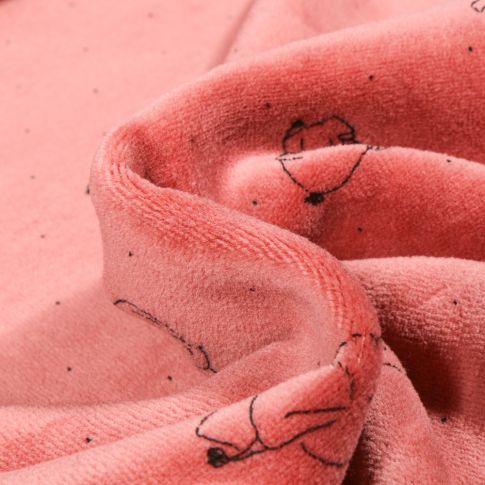 Tissu Jersey Velours tout doux Eléphanteau sur fond Bois de rose