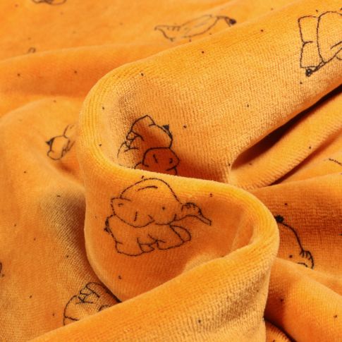Tissu Jersey Velours tout doux Eléphanteaux sur fond Jaune curry