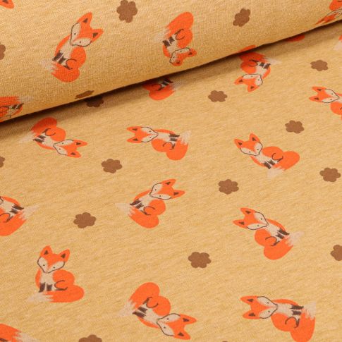 Tissu Sweat envers minky Renardeau sur fond Jaune chiné
