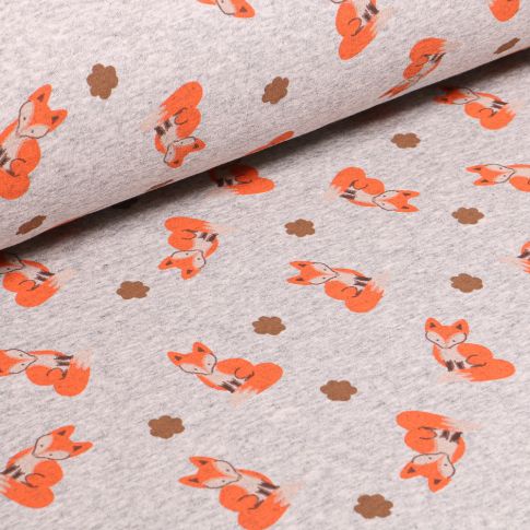 Tissu Sweat envers minky Renardeau sur fond Gris chiné
