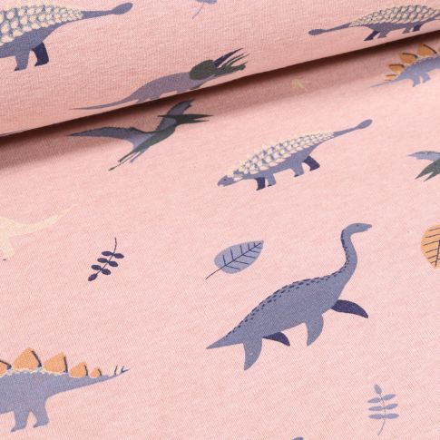 Tissu  Sweat envers minky Dinosaures et feuilles sur fond Rose chiné