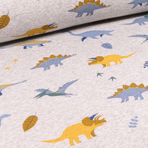 Tissu Sweat envers minky Dinosaures et feuilles sur fond Gris chiné
