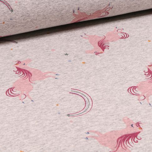 Tissu Sweat envers minky Licornes sur fond Gris chiné